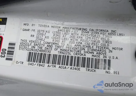 2008 Toyota Tacoma z USA, uszkodzony, nr VIN 5TETX22N18Z488030